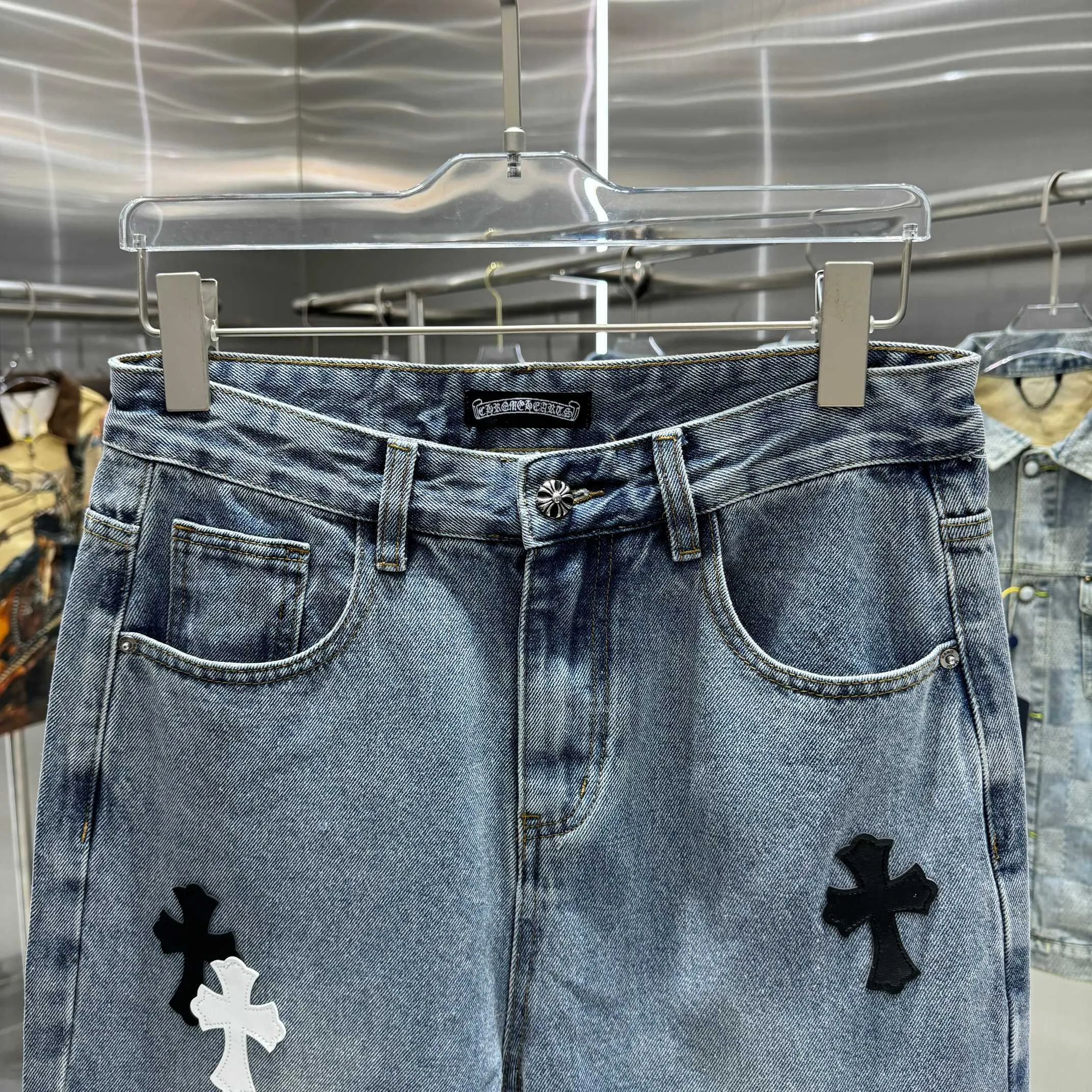 🅿️270 Crow Heart Cross Logo + Printed Horseshoe Logo Jeans 2025 latest product, original goods, washed casual jeans, imported original washed stretch fabric, comfortable and elastic, original hardware accessories decorated with logo, super correct version, extremely high grade, counter quality, fashionable and stylish upper body. The printing uses imported white foam printing, custom buttons, YKK zippers. The full set of accessories is customized in a one-to-one mold. Color: blue Size: S-XXL 28 30 32 34 36 codes
